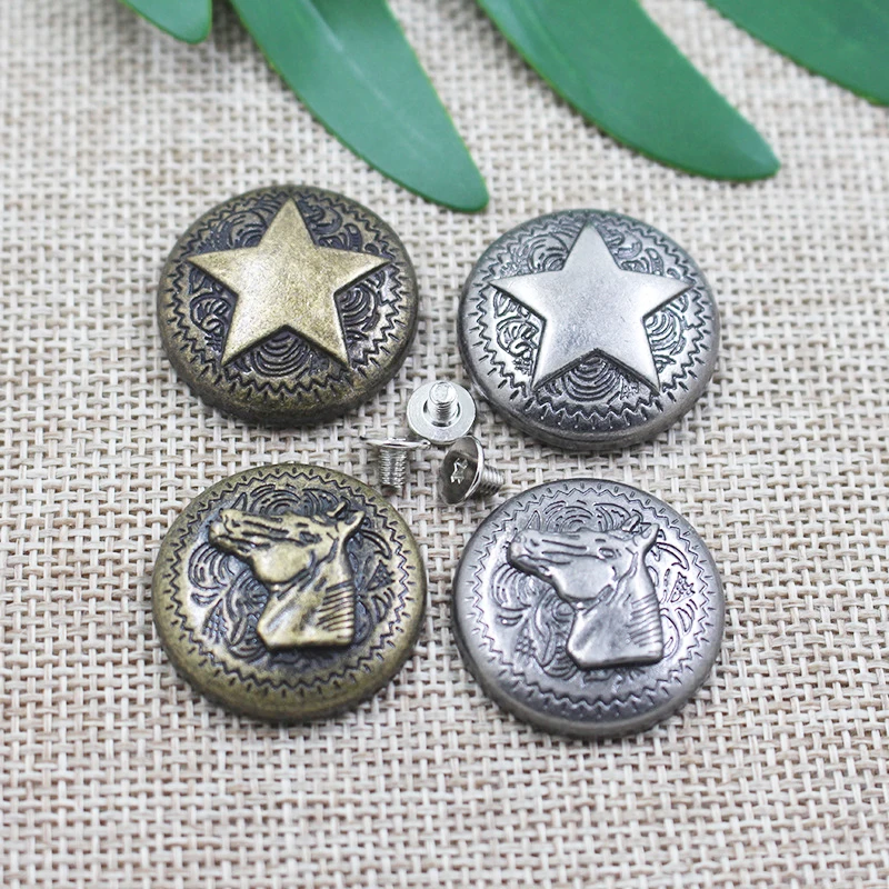 5 Set Retro Style Bronze Horse Head Star Relief Craft Carving Purses Leather Decoration Buckle Conchos Metal Screw Back Buttons