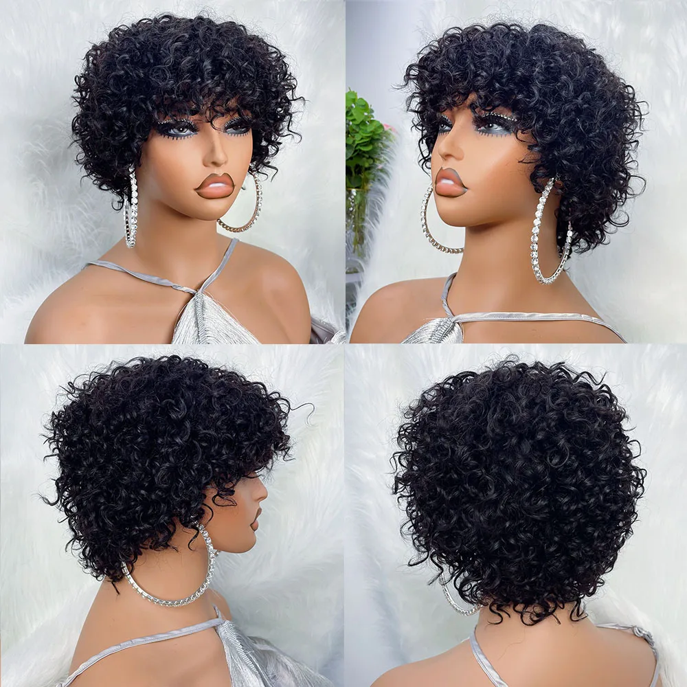 Jerry Curly Bob Wig Bouncy Wave Human Hair Wigs For Black Women 8 Inch Short Pixie Afro Kinky Curly Wig With Bangs Hair Wigs - Image 4