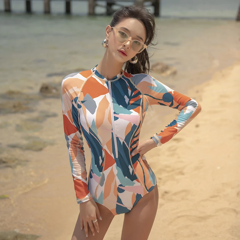 Sport Full Sleeve High-neck 1 Piece Swimsuit Women Swimwear Female Printed Surfing Bathing Suit Fitness Zipper Diving 2023 New