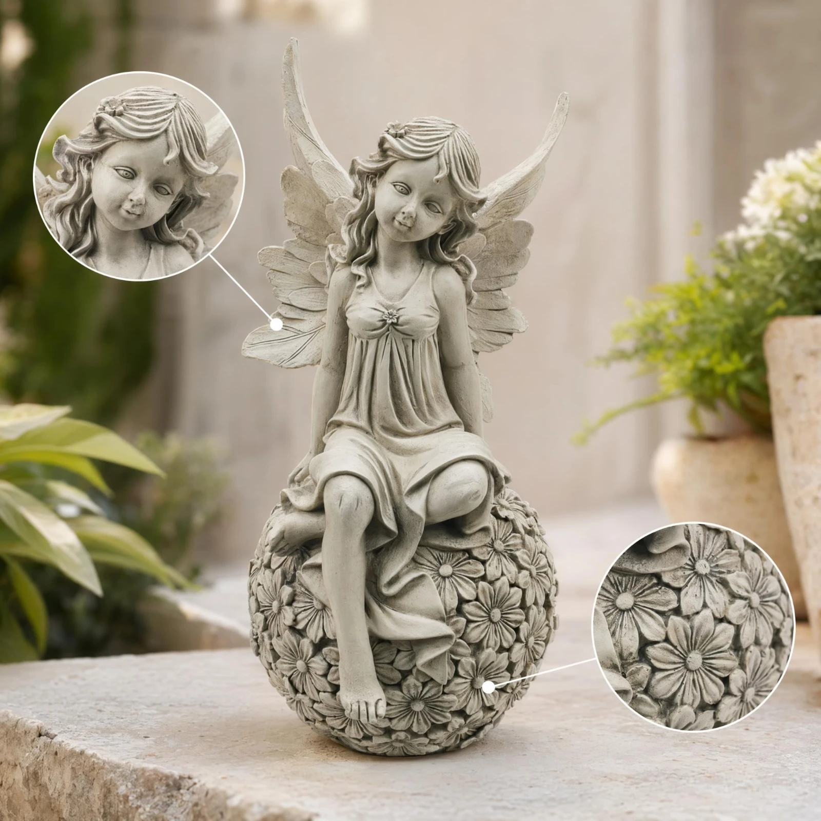 Fairy Figurine with Floral Base Resin Fairy Ornament Garden Decoration Outdoor Stone-Look for Flower Bed, Patio