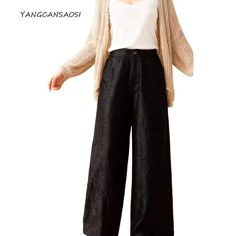 

Women's Fashion Autumn Clothing 100% Natural Mulberry Silk Gambiered Guangdong Gauze Black Casual Straight Leg Pants