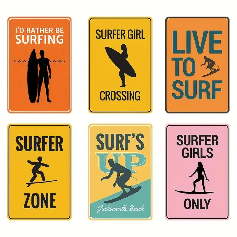 2D Flat, [JIT]Decorative Sign& Plaque 2D Flat, 6pcs Vintage Surf Area Metal Wall Decor, Retro Surfing Posters with Surf Silhouet