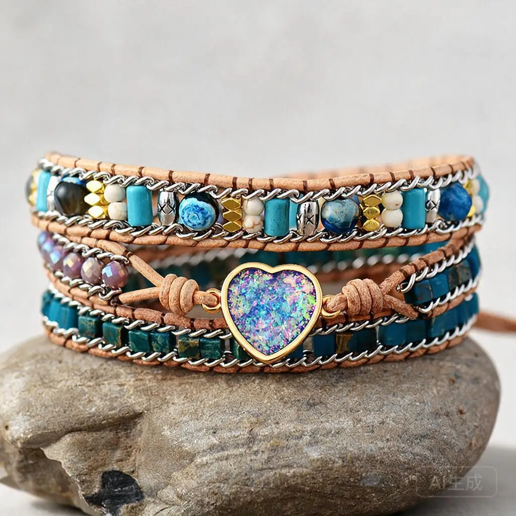 Personalized Custom Heart Opal Braided Leather Wrap Bracelet Boho Beaded Friendship Bracelet Bohemian Gift For Women Daily Wear
