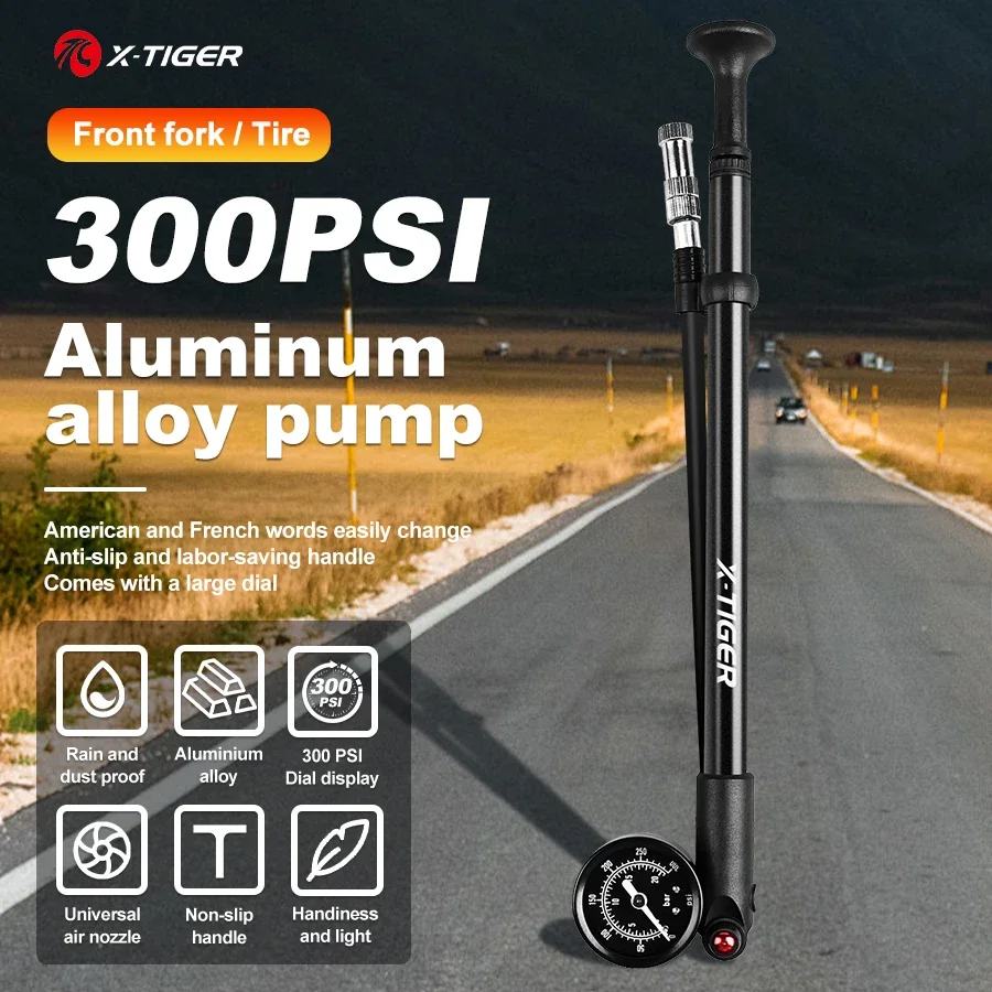 X-TIGER 300psi High Pressure Bicycle Pump with Pressure Gauge Portable Tire Inflator Mountain AV/FV General Bike Pump