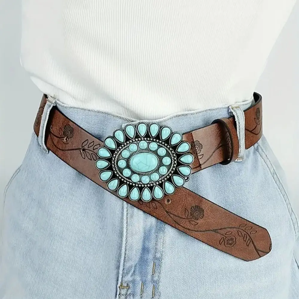 Adjustable Women's Western Bohemian belt Brown Embossed Oval Turquoise Buckle Waist Belt High-End Sense PU Dress Waistband