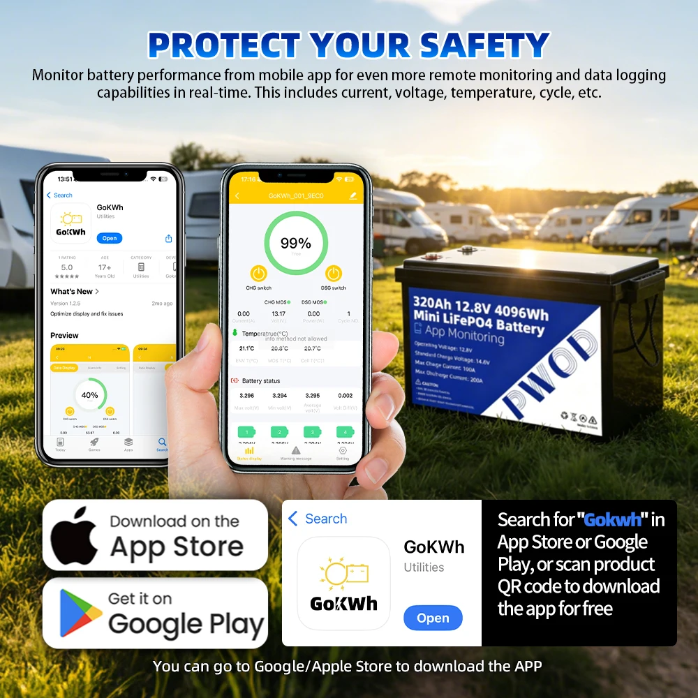 12V 300Ah 320Ah LiFePO4 Battery, 3840Wh 4096Wh, 200A Smart BMS Bluetooth APP, Deep Cycle Battery for RV Solar Off-Grid Marine, US Warehouse