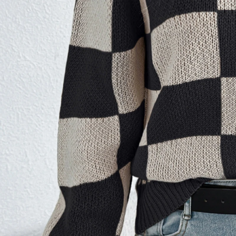 

Autumn Winter Off Shoulder Pullover Sweaters Women Fashion Color Blocked Grid Knitted Sweater Female Casual O-neck Jumpers Tops