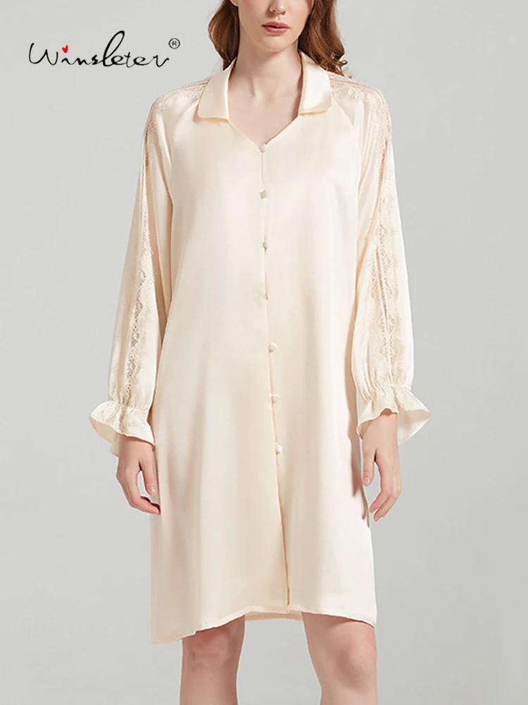 

Winsleter-19MM 100%Real Silk Elegant Nightgown, Long Sleeve Lace Patchwork, Women French Pajamas Dress, 2026 Summer New P63947CC