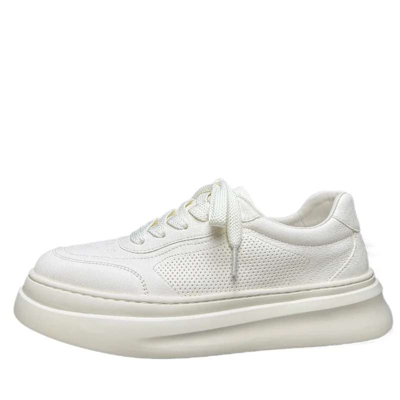

Summer Simple White Casual Shoes for Men's Genuine Leather Breathable Mesh Thick Bottom Thick Bottom Heightening Board Shoes Man