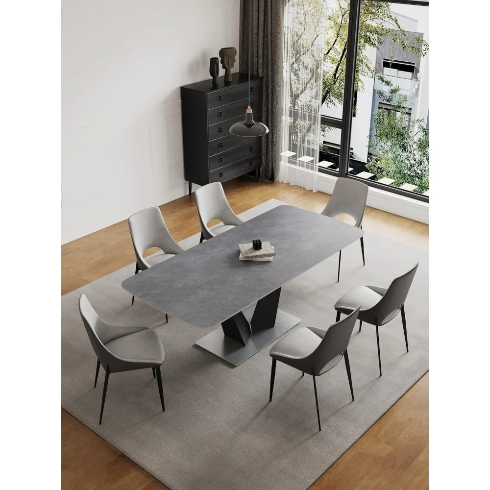 Modern Dining Table for 6-8, Extendable Dining Table Sintered Stone Dining Table Top with V-Shape Carbon Steel (1Table+6 Chairs)