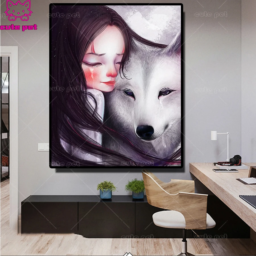 Mosaic Home Decoration Diamond Painting Cross Stitch crying girl with wolf Full Square round Rhinestone Diy Diamond Embroidery