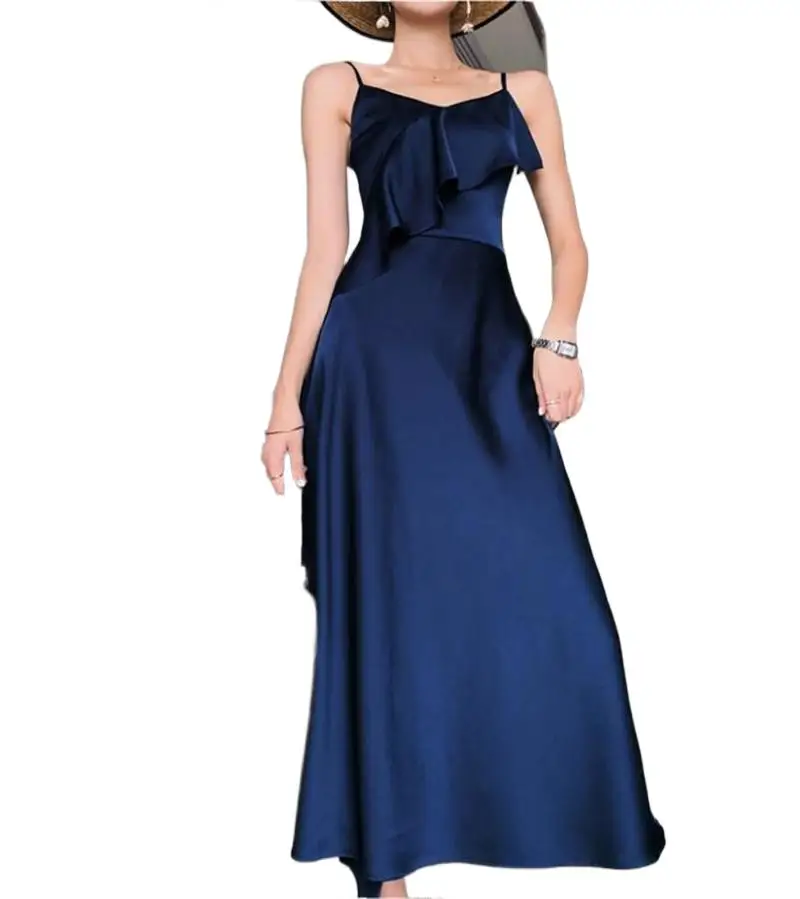 

British elegant luxury artificial silk wedding party dress fashion sexy Asymmetric ruffled spaghetti maxi satin dress Vestidos