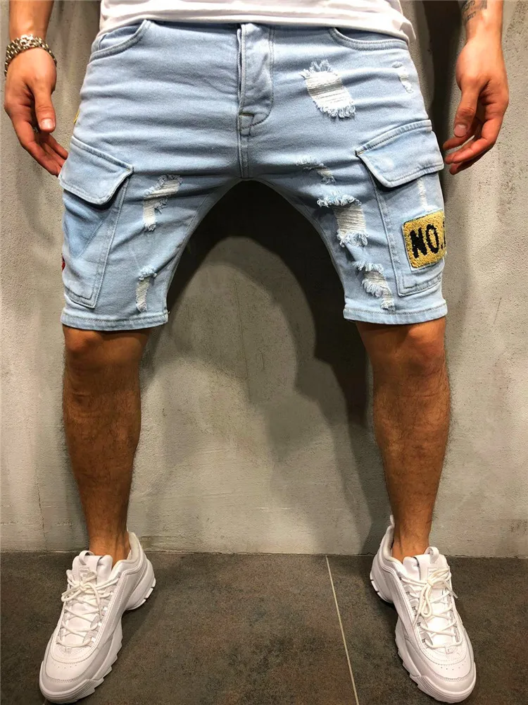 Summer New Men's Stretch Ripped Short Jeans Streetwear Pocket Fashion Hip-hop Blue Slim Denim Shorts Brand Clothes Male