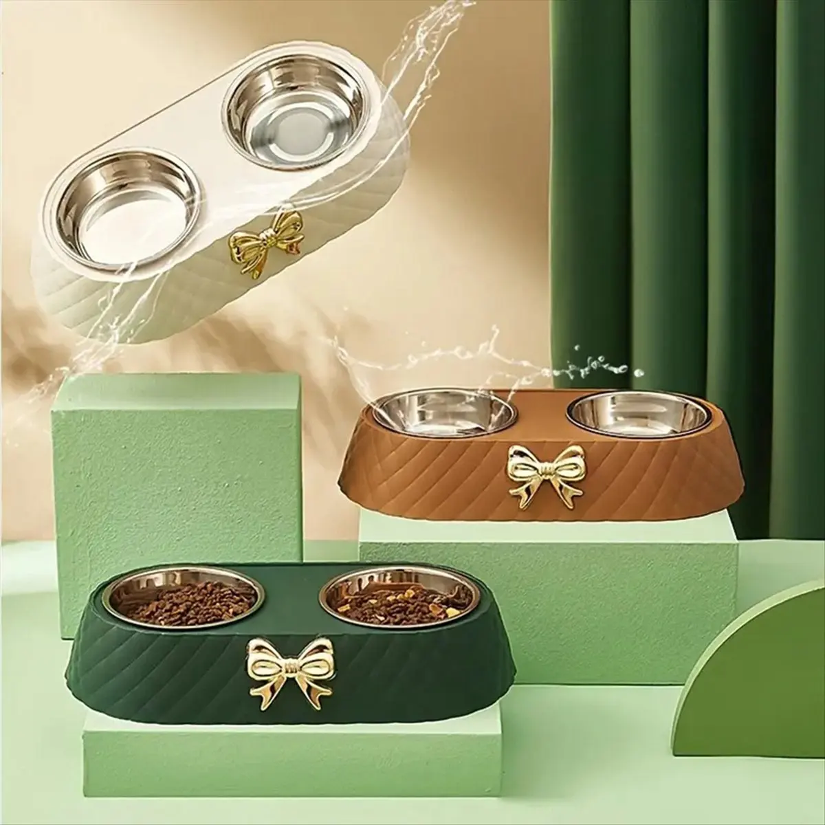 1PC Dog and Cat Food Bowls Bowtie Dog Food Drinking Double Bowl Pet Supplies Green