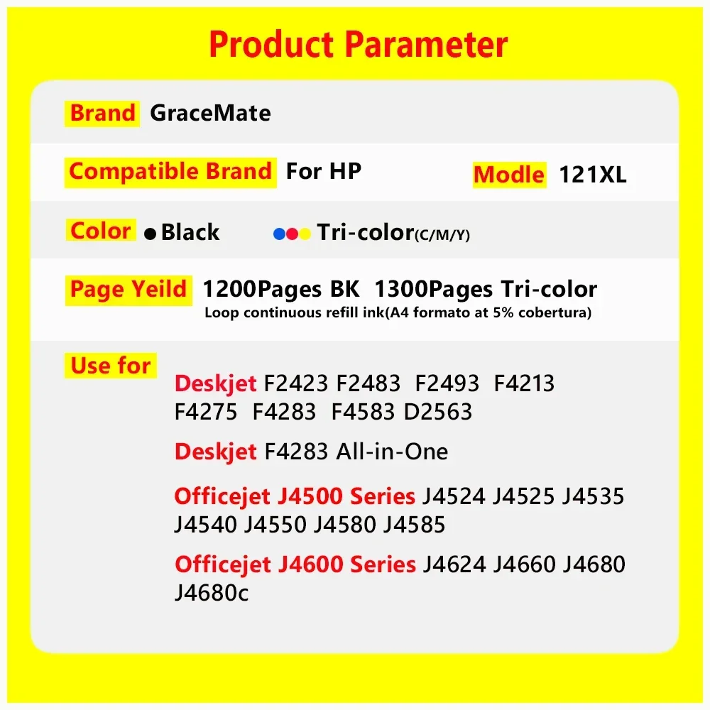 GraceMate 121XL Refillable Ink Cartridge Replacement for HP 121 121XL for Deskjet D2563 F4283 F2423 F2483 F4213 F4275 Printer