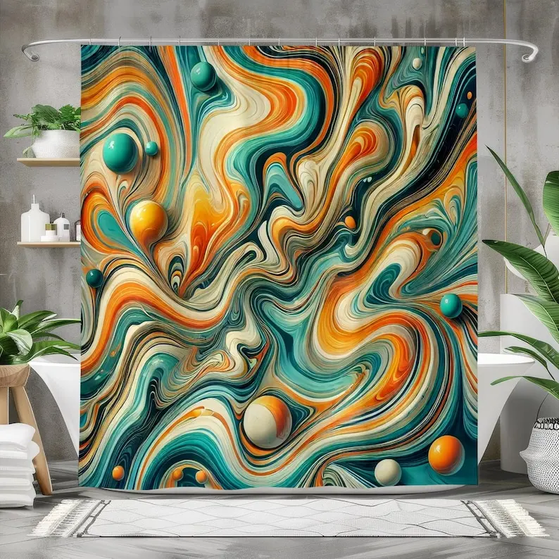 Abstract Swirl Shower Curtain with 3D Spheres, Modern Teal and Orange Bathroom Decor, Colorful Fluid Art Polyester Curtain