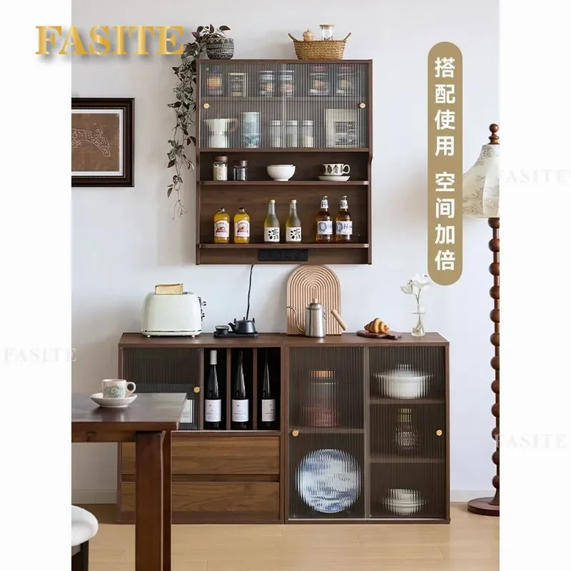 Solid Wood Glass Wall Cabinet Kitchen Storage Rack Home Dining Room Display Locker Modern Hanging Cupboard with Shelves