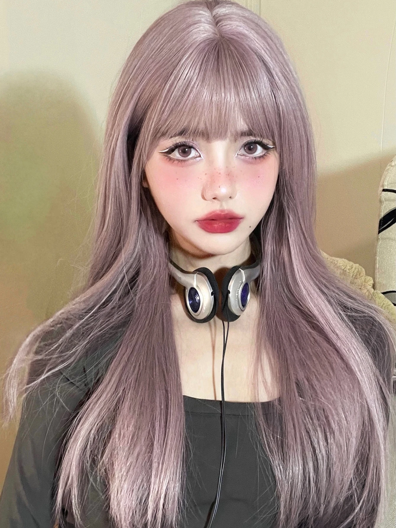 22Inch Pinky Light Purple Synthetic Wigs With Bang Long Natural Straight Hair Wig for Women Daily Use Cosplay Heat Resistant