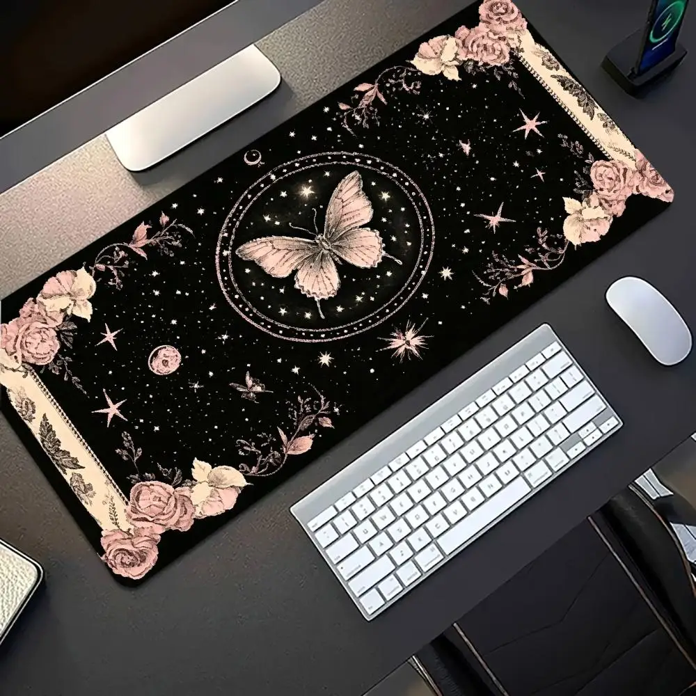 Vintage Celestial Butterfly Extended Gaming Mouse Pad Non‑Slip Desk Surface Mystic Starry Moon Floral Art Print For Desktop
