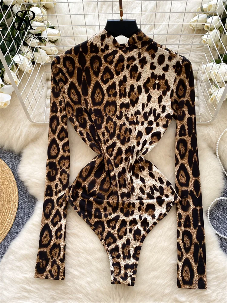 SINGREINY American Style Ladies Sexy Bodysuits Turtleneck Long Sleeves Leopard Print Chic Design Skinny 2024 Fashion Bodysuits