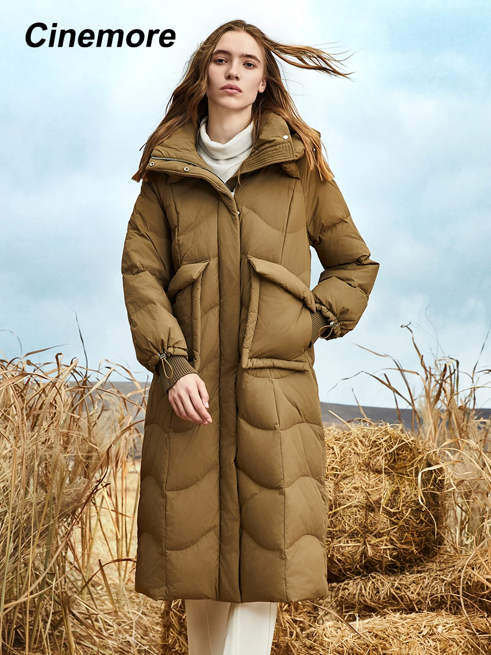 

Cinemore Long Women's Winter Down Jacket Slim Duck Down Coat Fashion Puffer Quilted Jacket Hood Oversized Pockets Snow Outwear