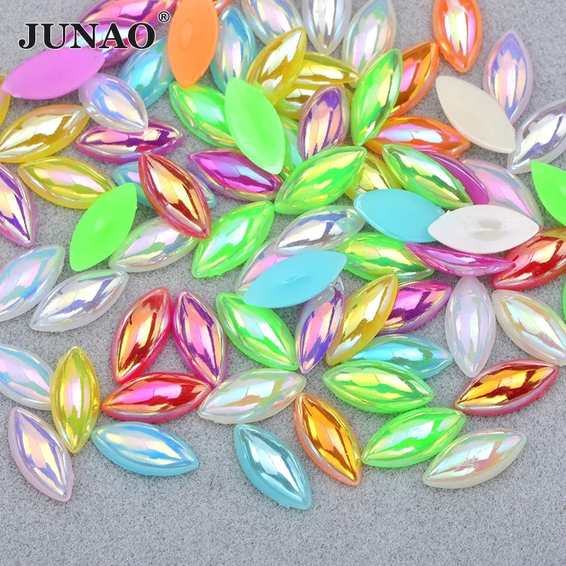 JUNAO 100pcs 7*15mm Jelly White AB Half Pearl Rhinestone Horse Eye Strass Crystal Flat Back Pearl Beads For Clothes DIY Crafts