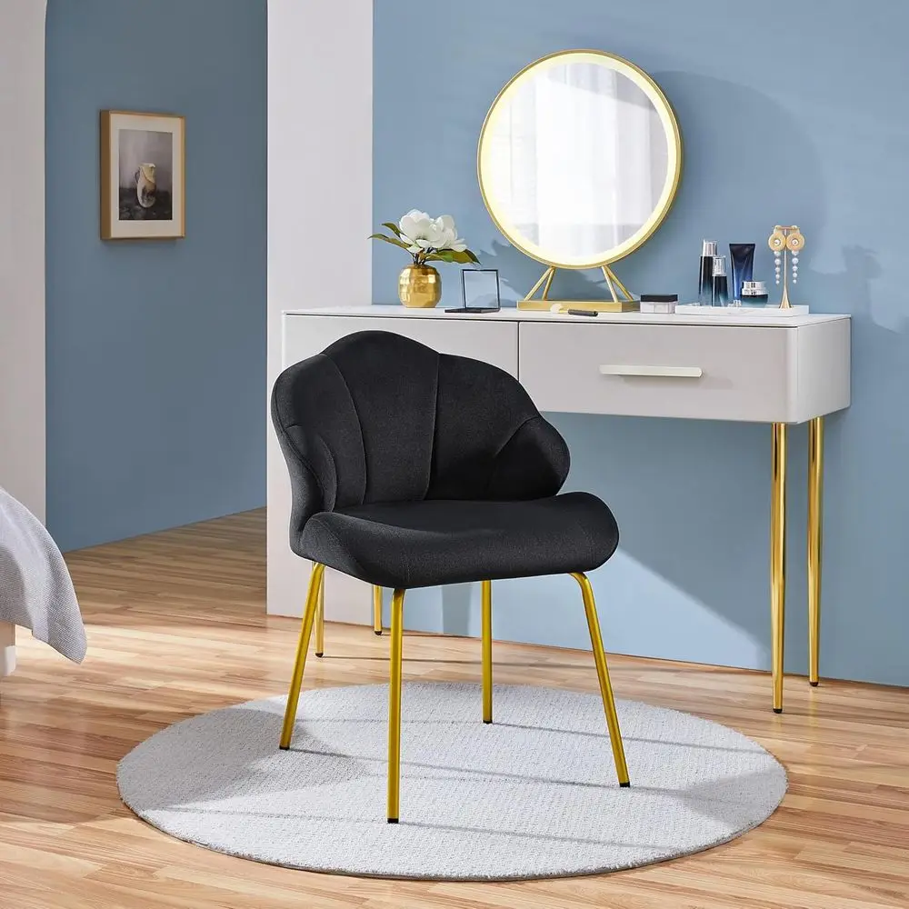 lower Shape Vanity Chair with Petal Armrests, Black | Velvet Makeup Chair no Wheels with n Metal Legs, ern Side Armchair with Ba