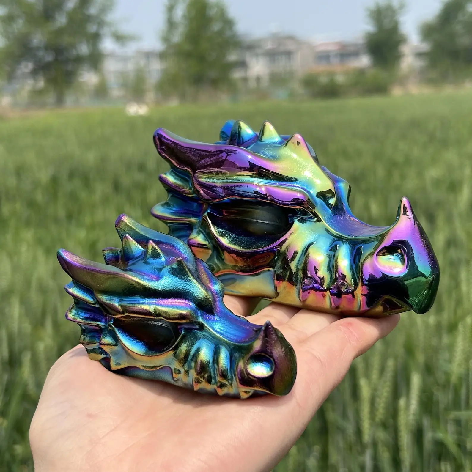 All size Rainbow Titanium Aura dragon Skull,Carved Crystal,Quartz Skull,Hand Carved,Home Decoration,Crystal Gifts,Reiki Heal