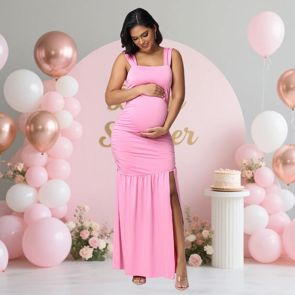 الأمومة مثير واسعة حزام بلا أكمام فساتين طويلة Bodycon Ruched Paneled سبليت ثوب لالتقاط الصور استحمام الطفل