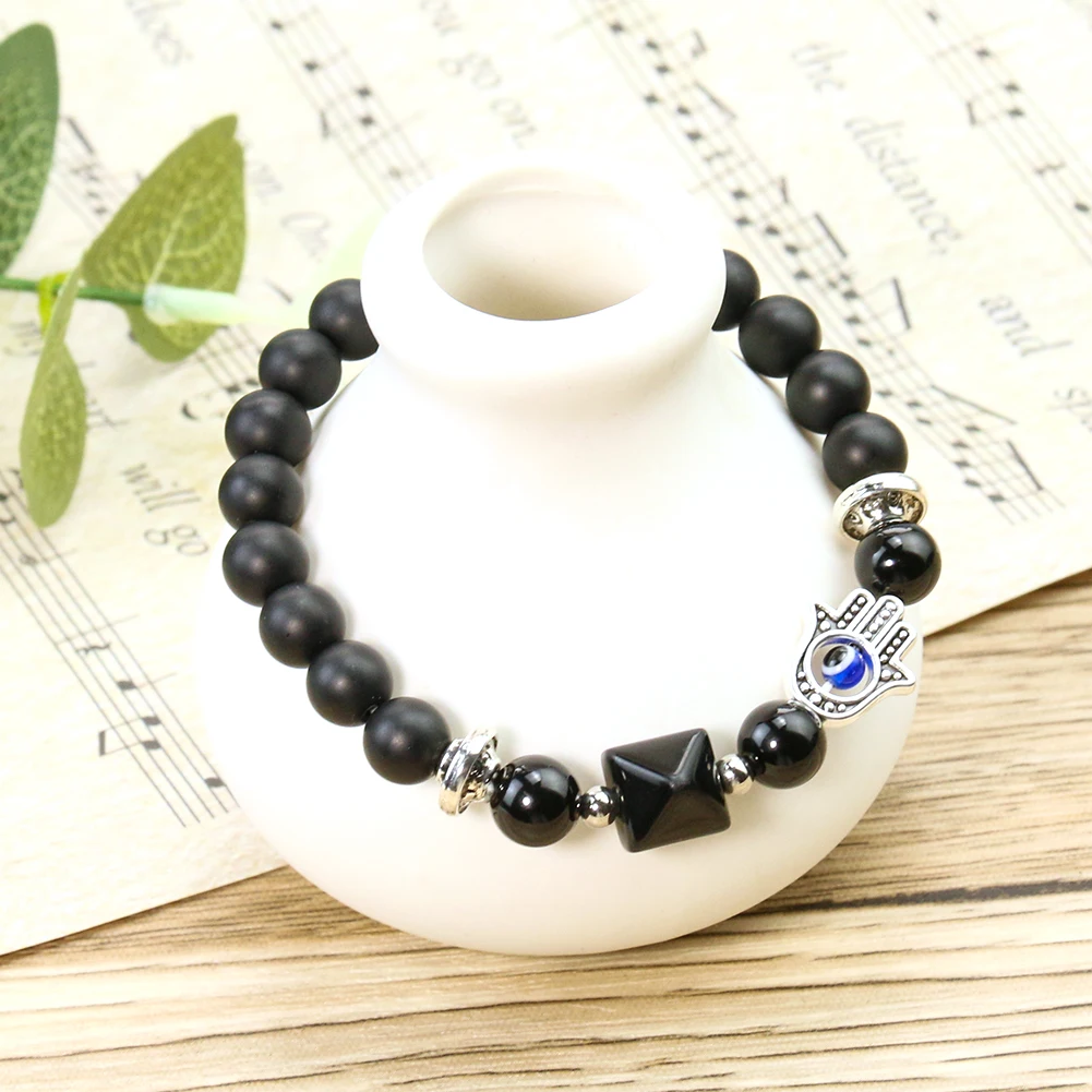 8mm Black Mineral Obsidian Pyramid Bracelet Fatima Hand Evil Eye Amulet Bangle Semi-precious Stone Woman Man Male Jewelry Gift