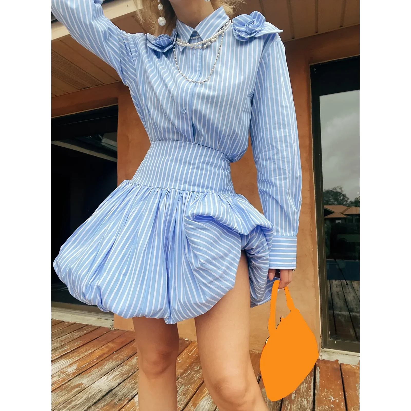 Women's Elegant Y2K Summer Holiday Blue Ruched A-line Striped High Waist Bubble A-Line Puffball Skirt Beach Vacation Streetwear