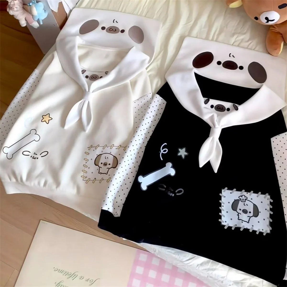 일본 만화 만화 강아지 프린트 ​ 여성용 스위트 세일러 칼라 참 스웨트셔츠 Y2K 에스테틱 물방울 무늬 로리타 후디