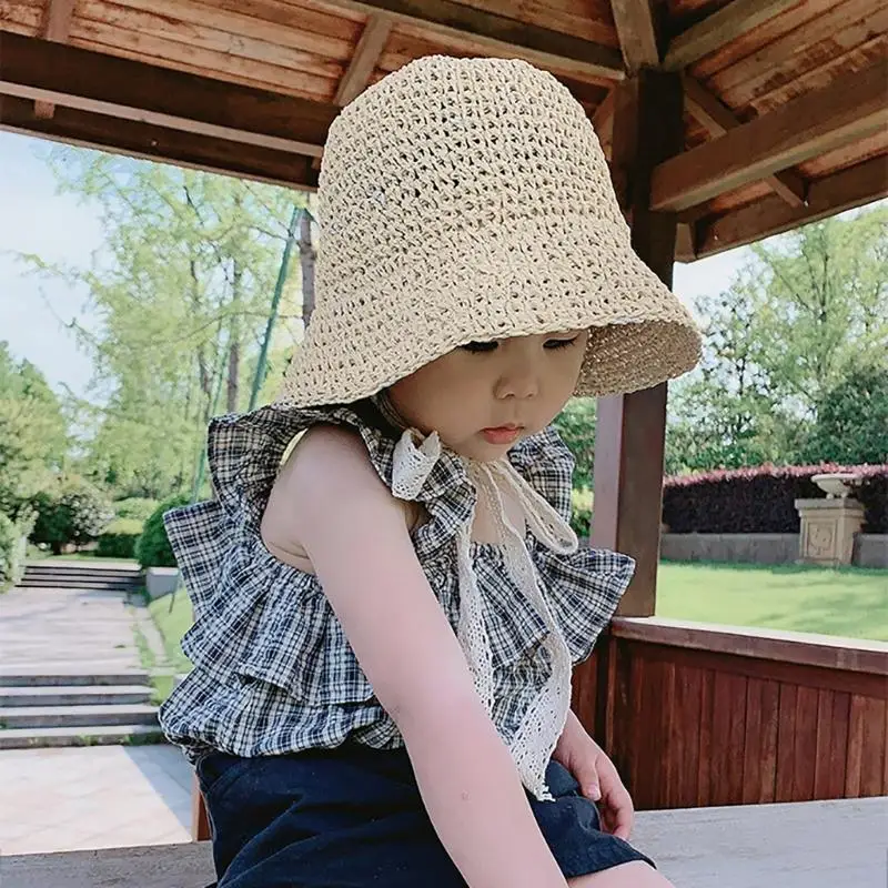 

16FE Baby Tied Straw Hat Children's Sunhat Spring/Summer Infants Girls Bonnet