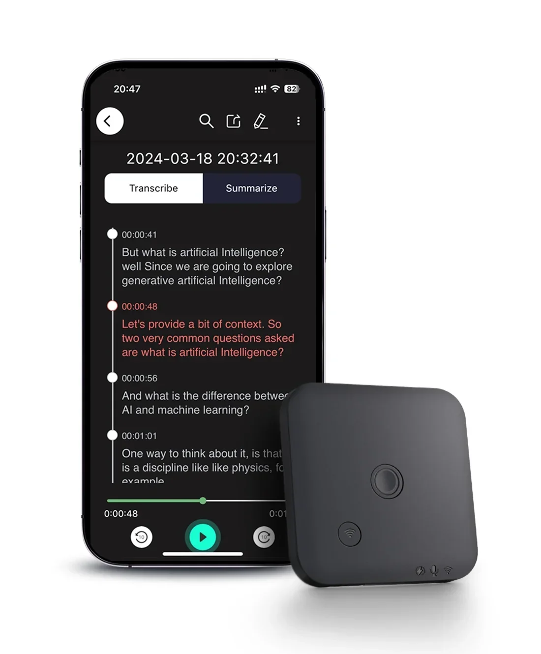 

AI-Powered Voice Recorder and Call Recorder with Speech-to-Text & Summarization, Supports 100 Languages, 64GB Storage