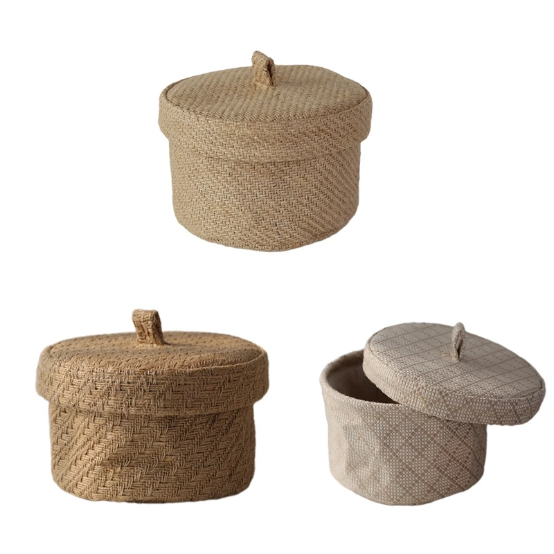 

Jute Storage Basket Desktop Hand-Woven Baskets Needle Thread Bag Snacks Cosmetics Container for Home Office