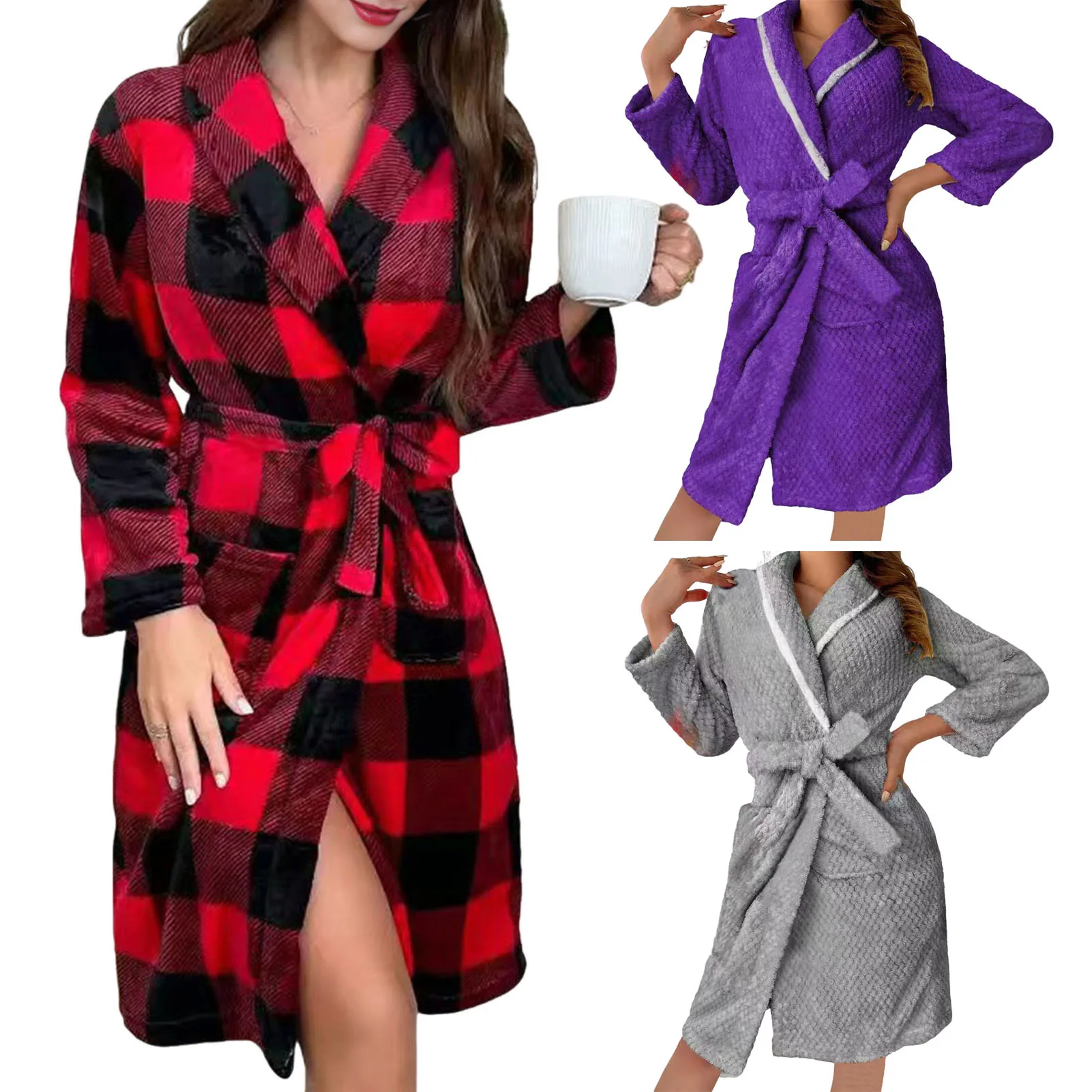 

Coralline Fleece Winter Thickened Warm Bathrobe with Hood Large Pocket Soft Home Clothes plus Size Sleepwear Robe Nightgown