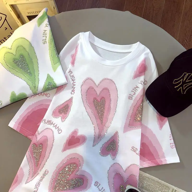 Camiseta holgada de talla grande 300 Pou Heavy Du con diamantes de imitación y corazón ort Sve para mujer, novedad de verano, camiseta versátil de longitud media Sle