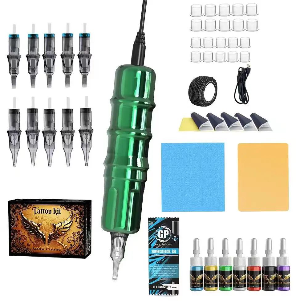 Green Corded Rotary Tattoo Machine Pen Kit 10 Cartridge Needles 7 Color Ink Starter Tattoo Supplies