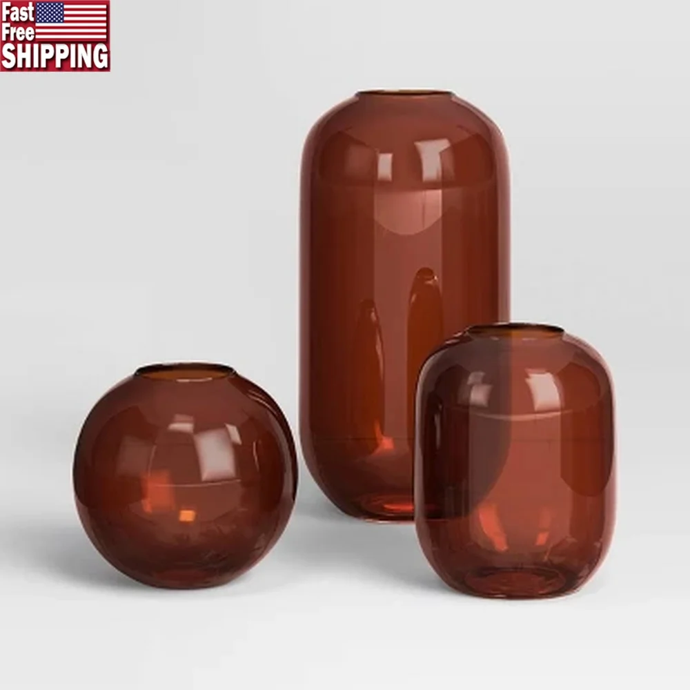 

3 Piece Glass Vase Set Watertight Round Pill Shape Decorative Vases Tabletop Display Fresh Faux Flowers Home Decor