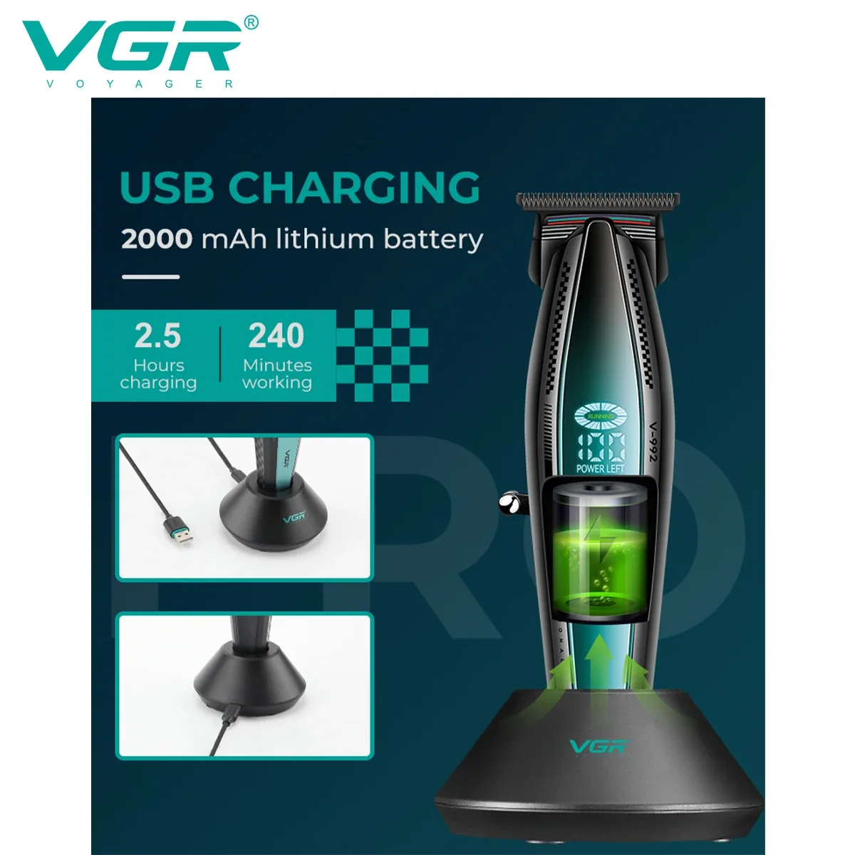 VGR Hair Trimmer Professional Haircut Machine 9000 RPM Trimmer Rechargeable Charging Base Clipper Hair Clipper Men V-992 V-270