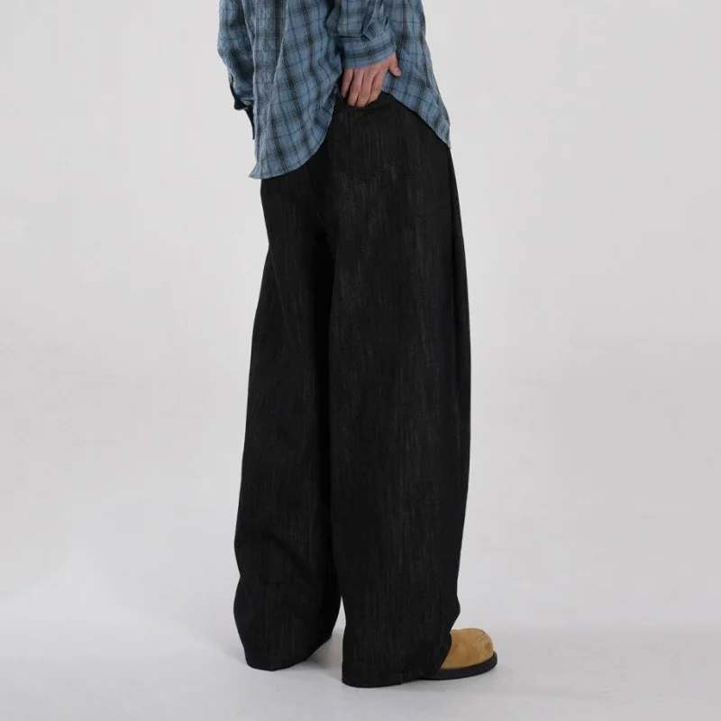 Celana Denim Warna Solid Hitam Longgar Trendi Kasual Kaki Lebar Lurus Pria Fashion Baru Musim Gugur Celana Denim Vintage Sederhana Pria