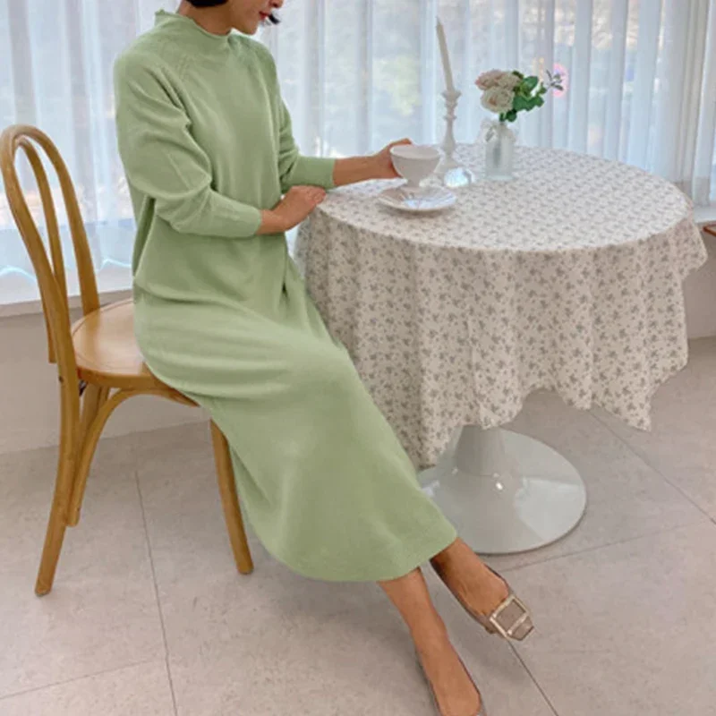 

Winter Cashmere Dress Women Beige O-neck Elegant Long Sweater Dresses Female Vintage Runway Design Autumn Knit Vestido