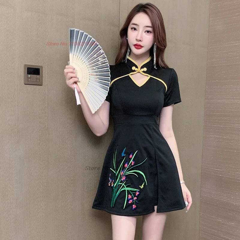 2025 chinese nightclub dress improved qipao national flower print qipao dress+shorts set banquet dress hotel spa work dress