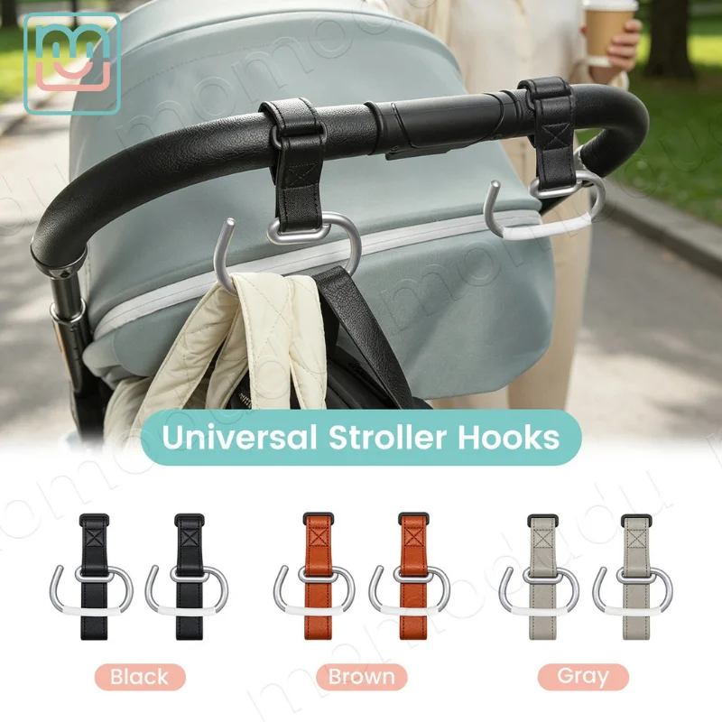 2Pcs Universal Stroller Hooks, PU Leather Strap Pram Bag Holder, Portable Baby Stroller Accessory for Outdoor Travel