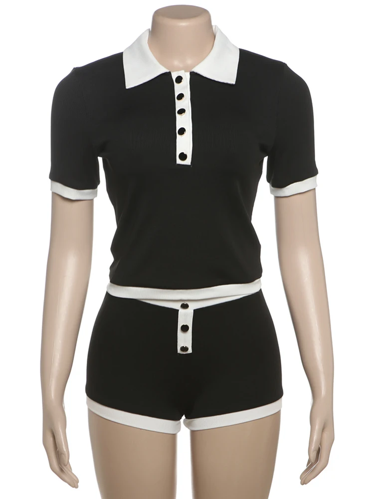 Cutenew Set da 2 pezzi da donna abbinato casual con pannelli giornalieri Top monopetto a maniche corte + pantaloncini slim Completo da strada femminile