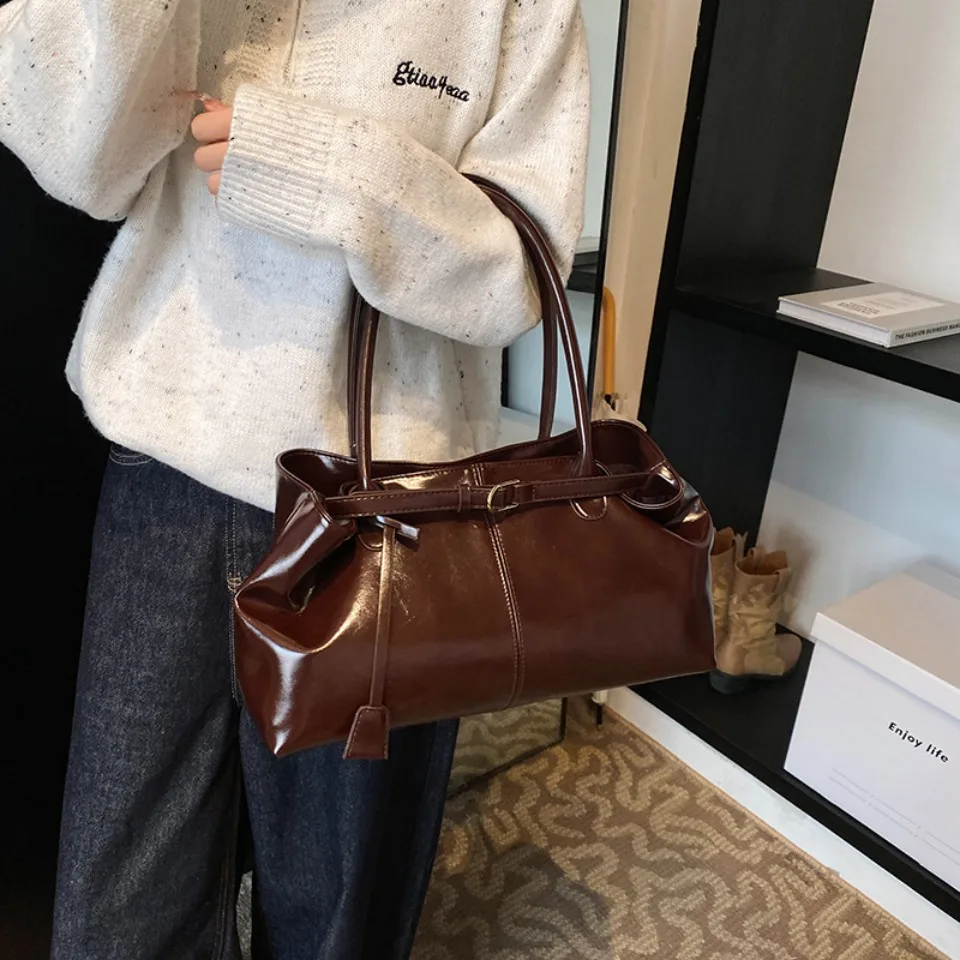 Oil PU Leather Hobo Handbag Slouchy Shoulder Bag Retro Top-Handle Bag Large Work Bags for Women Gilrls Tote Work Shopping Travel