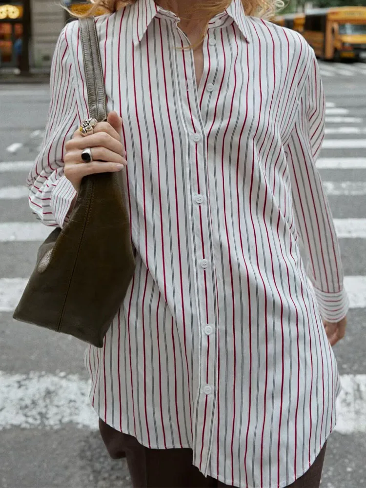2025 New Women's Clothing European and American Style Fashion Striped Loose Fit Lapel Long Sleeve Poplin Shirt