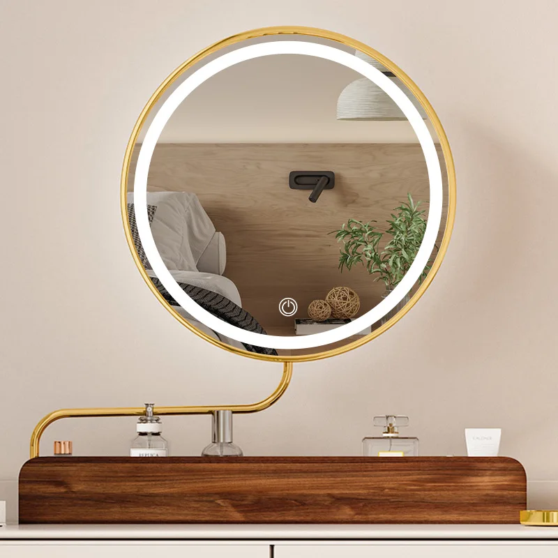 Princess style desktop vanity mirror vanity mirror vertical touch screen LED adjustable three-color light storage storage mirror