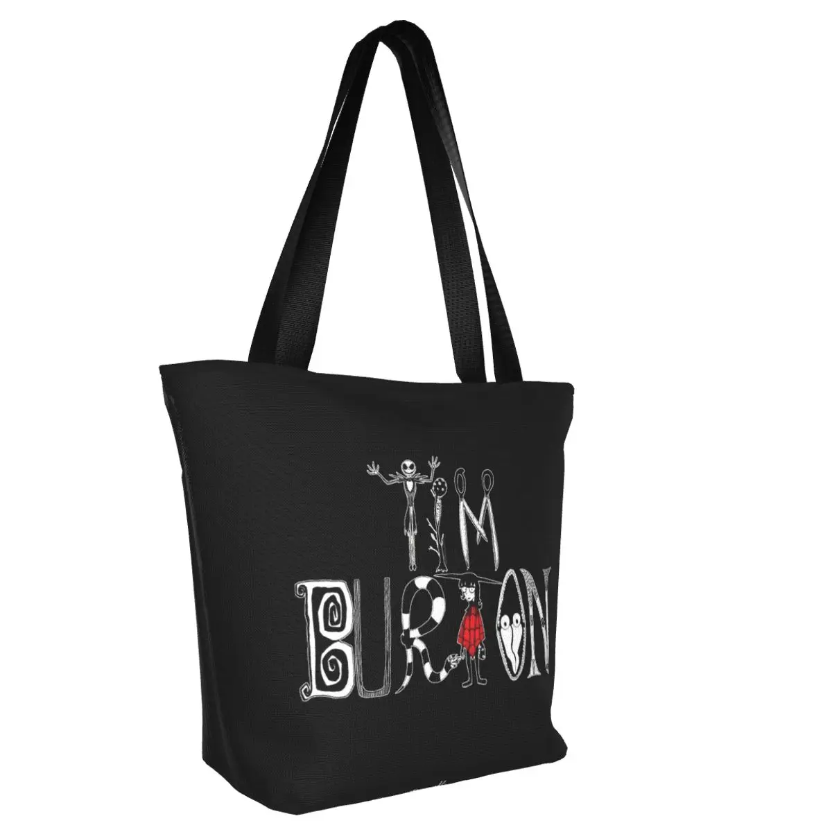 Fashion Tim Burton Alphabet Shopping Tote Bags Recycling Halloween Gothic Film Canvas Groceries Shopper Shoulder Bag