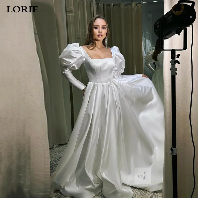 LORIE Saudi Arabia Satin Wedding Dress Long Sleeve Square Neck Bride Dresses A Line Wedding Party Dress Long Train